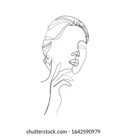 Continuous line, drawing of set faces and hairstyle, fashion concept, woman beauty minimalist, vector illustration