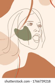 Continuous line, drawing of set faces and hair style, fashion concept, woman beauty minimalist, vector illustration of colorful abstract background forest fern eucalyptus