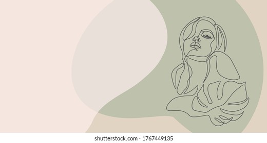 Continuous line, drawing of set faces and hair style, fashion concept, woman beauty minimalist, vector illustration of colorful abstract background forest fern eucalyptus
