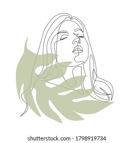 Continuous line  drawing set faces   hairstyle  fashion concept  woman beauty minimalist  vector illustration pretty sexy leaves