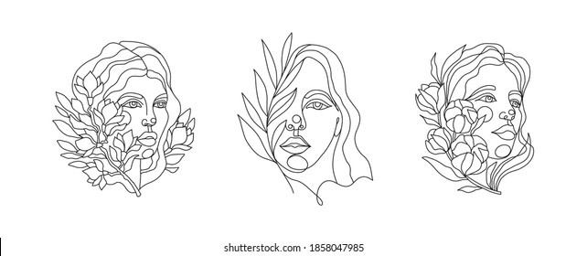 Continuous line drawing of set faces and hairstyles, fashion concept, minimalist feminine beauty with flowers and branches.Vector illustration for t-shirt, one line style.Trendy trendy minimalist