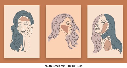 Línea continua, dibujo de rostros y peinado, concepto de moda, mujer belleza minimalista, ilustración vectorial bastante sexy.