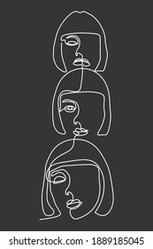 Continuous line, drawing of set faces and hairstyle, fashion concept, woman beauty minimalist, vector illustration 
