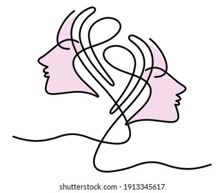 Continuous line, drawing of set faces and hairstyle, fashion concept, woman beauty minimalist, vector illustration for logo