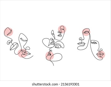 Continuous line, drawing of set faces and hairstyle, fashion concept, woman beauty minimalist, vector illustration for t-shirt, slogan design print graphics style