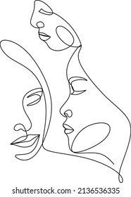 Continuous line, drawing of set faces and hairstyle, fashion concept, woman beauty minimalist, vector illustration for t-shirt, slogan design print graphics style