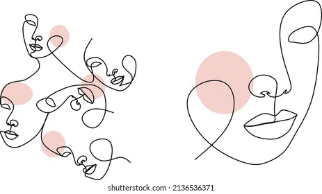Continuous line, drawing of set faces and hairstyle, fashion concept, woman beauty minimalist, vector illustration for t-shirt, slogan design print graphics style