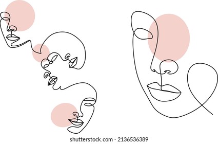 Continuous line, drawing of set faces and hairstyle, fashion concept, woman beauty minimalist, vector illustration for t-shirt, slogan design print graphics style