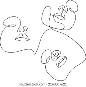 Continuous line, drawing of set faces and hairstyle, fashion concept, woman beauty minimalist, vector illustration for t-shirt, slogan design print graphics style