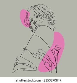 Continuous Line, Drawing Of Set Faces And Hair Style, Fashion Concept, Flower Woman Beauty Minimalist, Vector Illustration Of Colorful Abstract Background