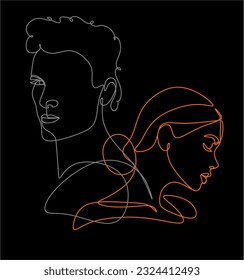 Continuous line, drawing of set faces and hairstyle, fashion concept, woman and man beauty minimalist, vector