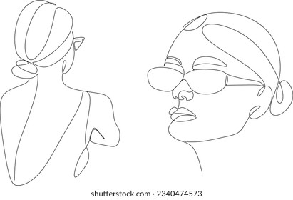 Línea continua, dibujo de rostros y peinados, concepto de moda, mujer belleza minimalista, ilustración vectorial de fondo colorido abstracto