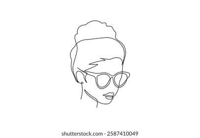 Continuous line, drawing of set faces and hairstyle, fashion concept, Vector linear face art, woman portrait with glasses and earrings. Continuous line, fashion beauty, woman minimalist, illustration.