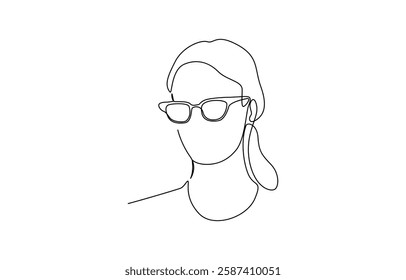 Continuous line, drawing of set faces and hairstyle, fashion concept, Vector linear face art, woman portrait with glasses and earrings. Continuous line, fashion beauty, woman minimalist, illustration.