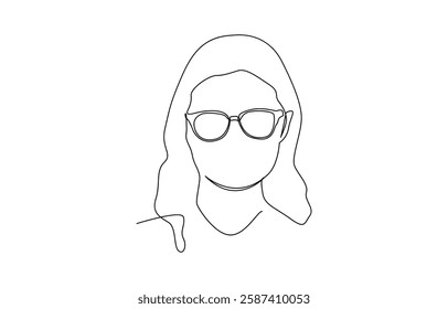 Continuous line, drawing of set faces and hairstyle, fashion concept, Vector linear face art, woman portrait with glasses and earrings. Continuous line, fashion beauty, woman minimalist, illustration.