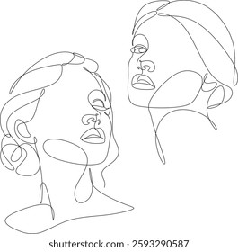 Continuous line drawing of set of faces and hairstyle, fashion concept, minimalist female beauty, vector illustration of colorful abstract background, hand drawn without artificial intelligence
