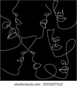 Continuous line drawing of set of faces and hairstyles, fashion concept, minimalist female beauty, vector illustration of colorful abstract background. Hand drawn without artificial intelligence