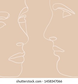 Continuous line, drawing of set facesmen and women in kiss, fashion concept, woman beauty minimalist, vector illustration for t-shirt, slogan design print graphics style. One line fashion illustration