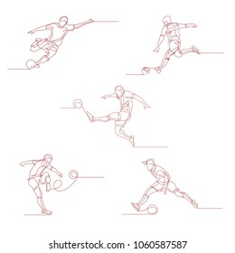  Durchgehende Zeilenzeichnung. Eine Reihe von Fußballspielern kickt den Ball. Fußball. Vektorgrafik