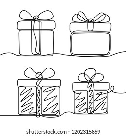 Continuous Line Drawing Set Of Gifts Box . New Year And Happy Christmas Theme.  Vector Illustration.