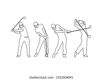 continuous line drawing set of golf player with sport game theme..A man in a cap plays golf. Swings a stick at the ball..vector logo design