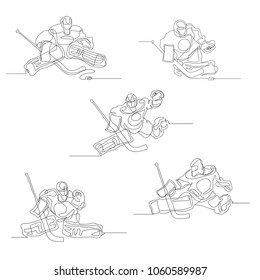 Continuous line drawing. Set of a hockey goalkeeper in action. Ice Hockey. Vector illustration