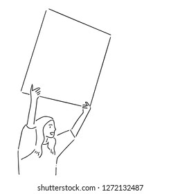 Continuous line, drawing of set lively young people character hanging a note board, hand drawn illustrations. vector doodle design 
