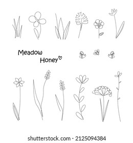 Continuous Line Drawing Set Of Meadow Plants and Bees. Honey Flowers Isolated on White Background, One Line Illustration. Vector Minimalist Prints Set.