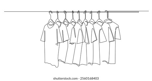 continuous line drawing of set of men's t-shirts hanging.one line drawing of shop selling men's t-shirts.single line vector illustration of men's t-shirt clothing.isolated white background