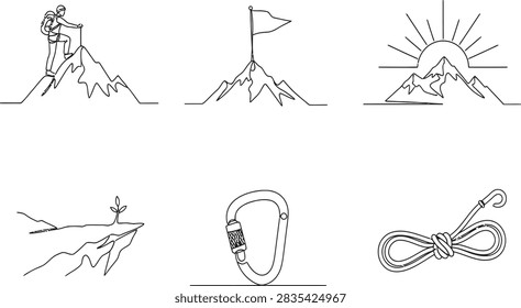 Continuous line drawing set of mountain climbing hiking symbols equipment peak summit backpacker carabiner rope flag and sunrise icons