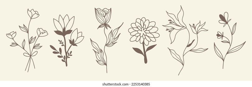 Continuous Line Drawing Set Of Plants Black Sketch of Flowers Isolated on White Background. Flowers One Line Illustration. Minimalist Prints Set. Vector EPS 10.