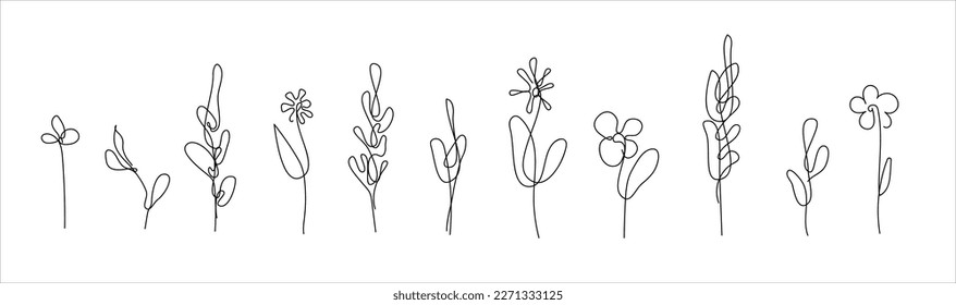 Continuous Line Drawing Set Of Plants Black Sketch of Flowers Isolated on White Background. Flowers One Line Illustration. Minimalist Prints Set. Vector EPS 10.