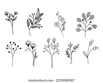 Continuous Line Drawing Set Of Plants Black Sketch of Flowers Isolated on White Background. Flowers One Line Illustration. Minimalist Prints Set. Vector EPS 10.