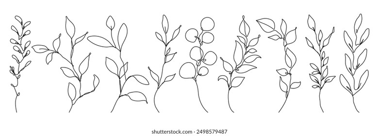 Kontinuierliche Linie Zeichnung Satz von Pflanzen schwarze Skizze von Blumen einzeln auf weißem Hintergrund. Blumen eine Linie Illustration. Minimalistische Drucksätze. Vektor-EPS 10.	