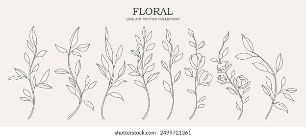 Conjunto de dibujo de línea continua de plantas Bosquejo negro de flores aisladas sobre fondo blanco. Ilustración de una línea de flores. Conjunto de estampados minimalistas. Vector 10.	