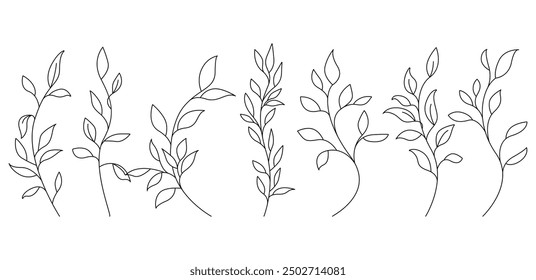 Continuous Line Drawing Set Of Plants Black Sketch of Flowers Isolated on White Background. Flowers One Line Illustration. Minimalist Prints Set. Vector EPS 10.	
