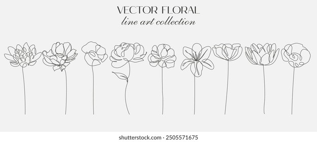 Continuous Line Drawing Set Of Plants Black Sketch of Flowers Isolated on White Background. Flowers One Line Illustration. Minimalist Prints Set. Vector EPS 10.	