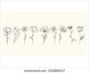 Linha contínua desenho conjunto de plantas preto esboço flores isoladas sobre fundo branco. Flores uma ilustração linha. Conjunto de impressão minimalista. Mão desenhada.