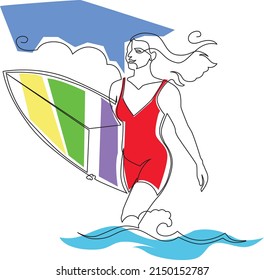 Línea continua, dibujo de actividades de playa de verano, concepto de moda, mujer de belleza minimalista, mujer de arte de línea.