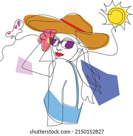 Línea continua, dibujo de actividades de playa de verano, concepto de moda, mujer de belleza minimalista, mujer de arte de línea.