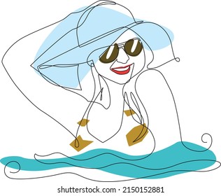 Kontinuierliche Linie, Zeichnung von festgelegten Sommerstrand Aktivitäten, Mode-Konzept, Frau Schönheit minimalistisch, Linie Kunst Frau.