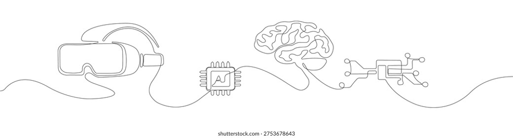 Continuous line drawing set of technology icons featuring VR headset, AI microchip, human brain, and circuit board, minimalist one stroke line illustration with clean contour and modern linear form.