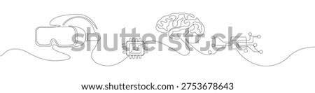 Continuous line drawing set of technology icons featuring VR headset, AI microchip, human brain, and circuit board, minimalist one stroke line illustration with clean contour and modern linear form.