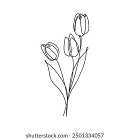 Continuous Line Drawing Set Of Tulip Flowers Black Sketch Isolated on White Background. Flowers One Line Illustration Minimalist  Vector Design