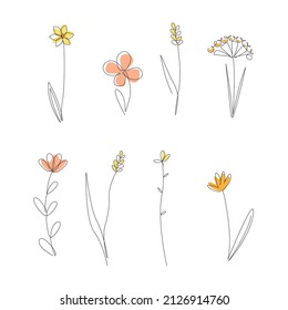 Conjunto Continuo De Dibujo De Líneas De Plantas De Zonas Silvestres. Flores de miel aisladas en fondo blanco, Ilustración de una línea. Conjunto de impresiones minimalistas vectoriales.