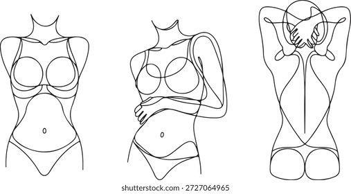 Conjunto de dibujo de línea continua del cuerpo de una mujer en trajes de baño, vistas frontal y posterior