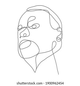 Continuous line drawing sets of faces and facial gestures with expressions that challenge a person, handsome man minimalist illustration, slogan design, printed graphic style
