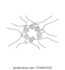 Um desenho em linha contínua de várias mãos formando um círculo unido