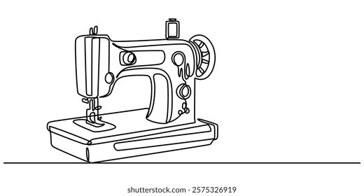 Continuous Line Drawing of Sewing Machine Icon. Hand Drawn Symbol Vector Illustration, vintage sewing machine continuous line vector illustration, One continuous line drawing of Antiques illustration.