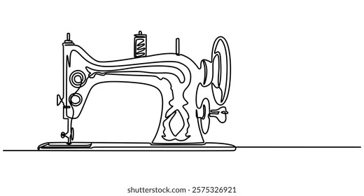 Continuous Line Drawing of Sewing Machine Icon. Hand Drawn Symbol Vector Illustration, vintage sewing machine continuous line vector illustration, One continuous line drawing of Antiques illustration.